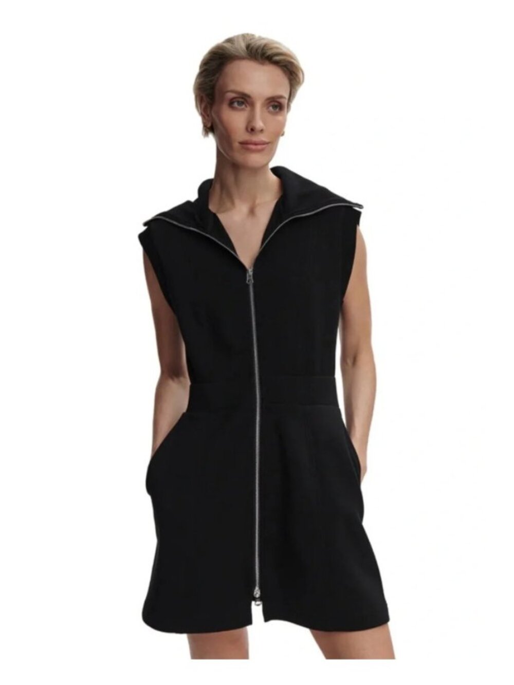 Varley Rebecca DoubleSoft Zip Through Dress Black Size Small Sleeveless Mini
